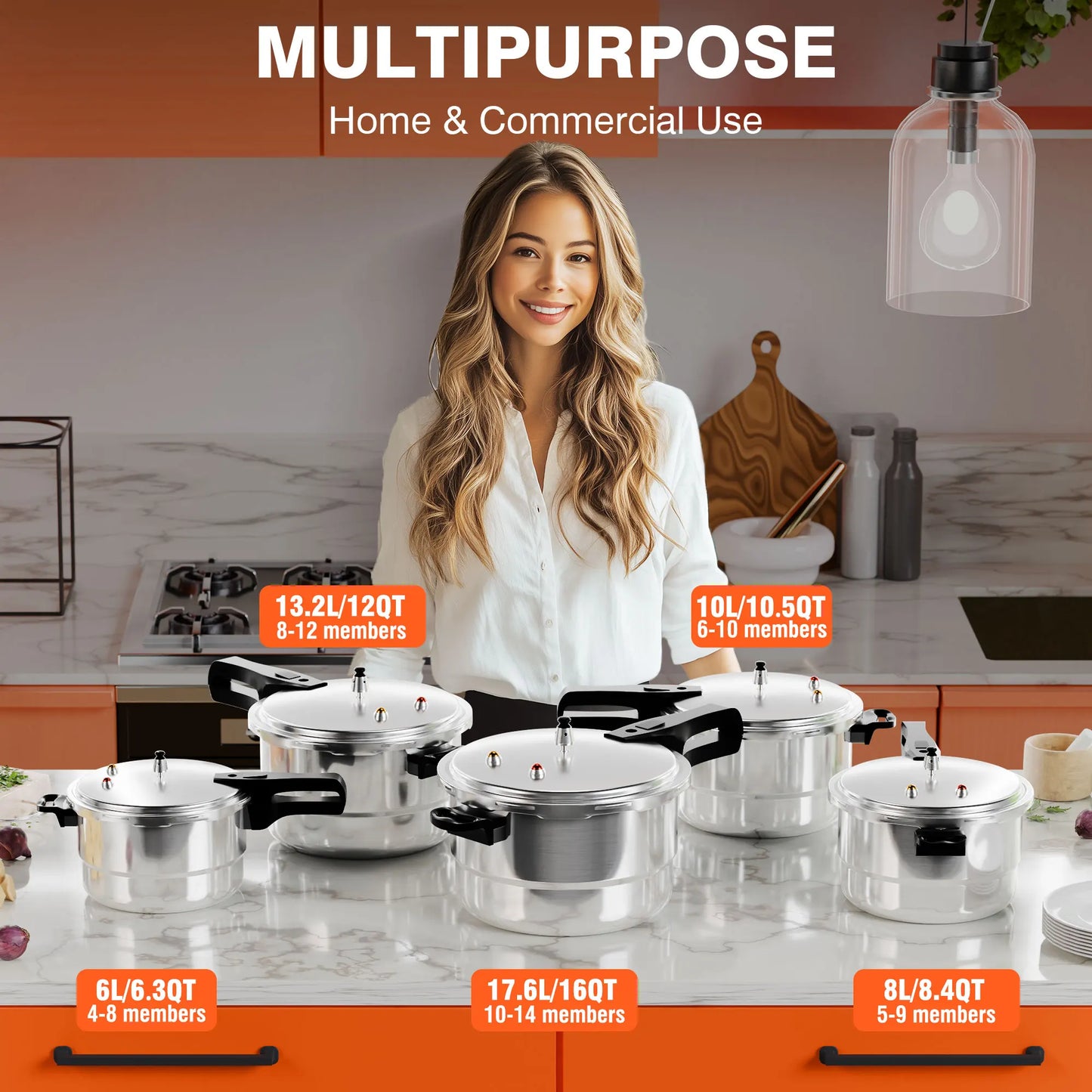 6-16 Qt Aluminum Pressure Cooker with Release Valve & Protective Devices, Compatible with Gas & Induction, Rack Included