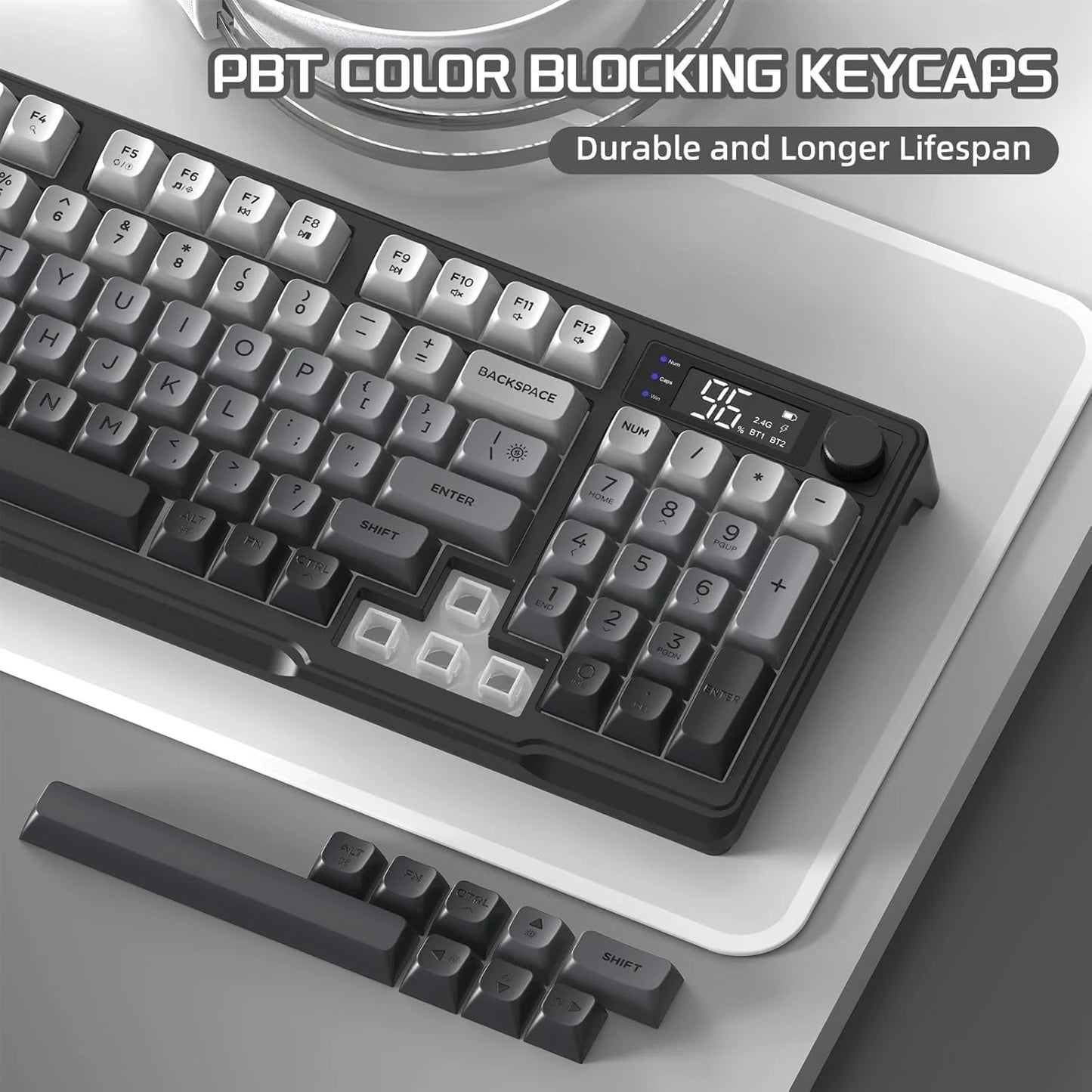 M96 Wireless Gaming Keyboard Creamy Membrane with Rainbow Backlight, Media Knob, LCD Screen, Dual Mode-Bluetooth/2.4Ghz, Ball Shape