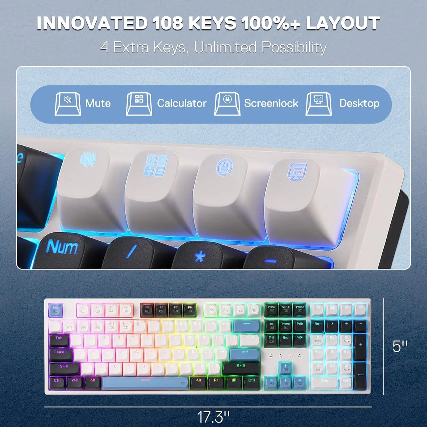K668 Wired Gasket RGB Gaming Keyboard, 108 Keys Mechanical Keyboard w/Extra 4 Hotkeys, Upgraded Hot-swappable Socket