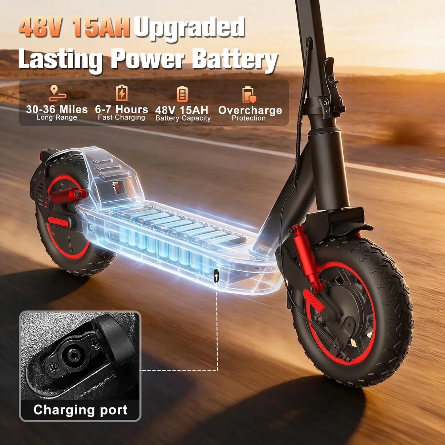 2026 Adults Electric Scooter 1200W Motor Top Speed 30MPH 48V 15AH Battery 10 Inch Off-Road Tires Sport Commuter Folding E-Scooter