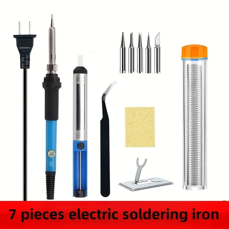 7-piece adjustable temperature electric soldering iron with constant temperature, internal heating, home-use soldering iron set, manual small half-aluminum desoldering pump and desoldering tweezers, soldering iron tip