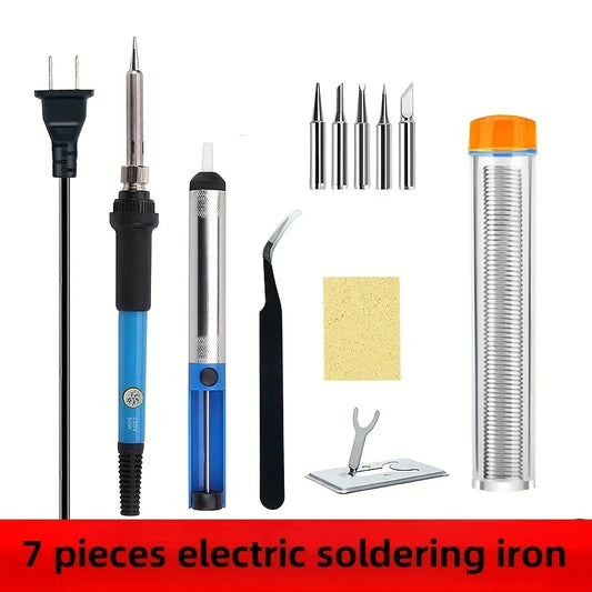 7-piece adjustable temperature electric soldering iron with constant temperature, internal heating, home-use soldering iron set, manual small half-aluminum desoldering pump and desoldering tweezers, soldering iron tip