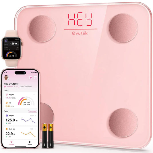 Smart Digital Bathroom Scale with BMI & Body Fat Monitor, Compact Pink Design, 400lb Capacity, App Sync for Health Tracking