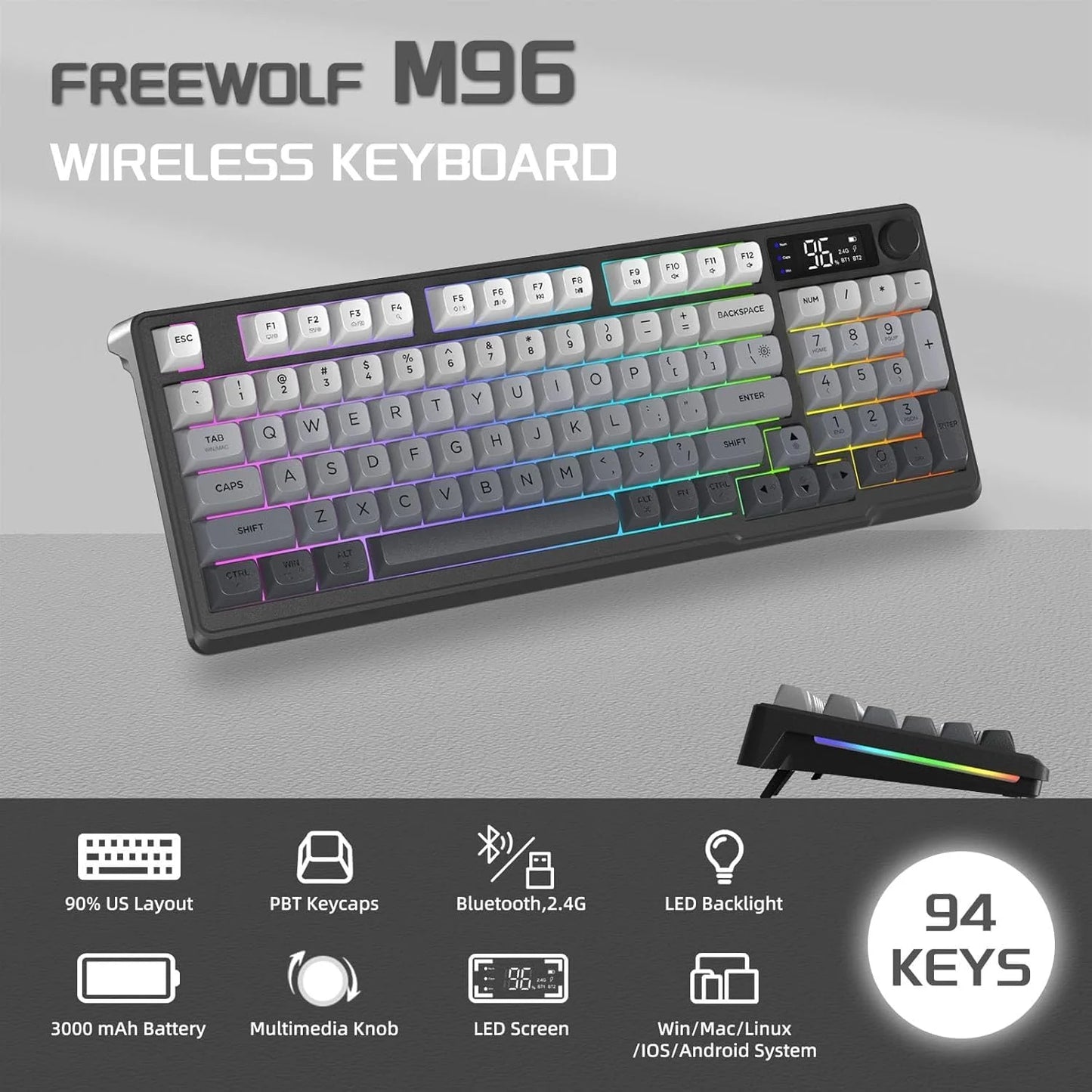 M96 Wireless Gaming Keyboard Creamy Membrane with Rainbow Backlight, Media Knob, LCD Screen, Dual Mode-Bluetooth/2.4Ghz, Ball Shape