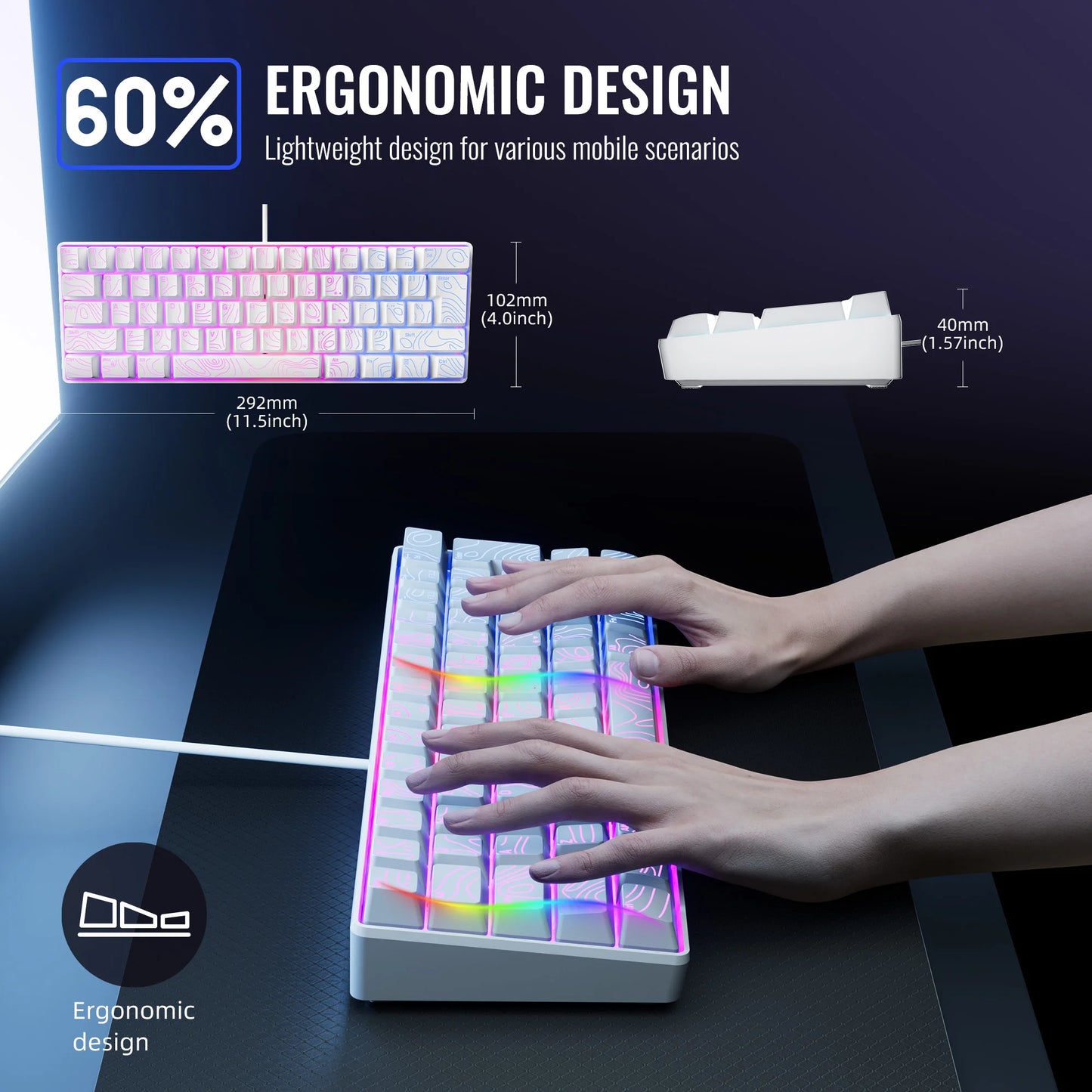 60% Compact Wired Keyboard with RGB Backlight and Membrane Keyswitches. Suitable for Windows tablets, laptops and gamers. White.