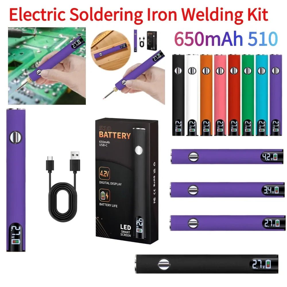 650mAh 510 Thread Battery Pen Solder Iron Shaped Battery Set Adjustable Voltage Portable Electric Soldering Iron Welding Kit