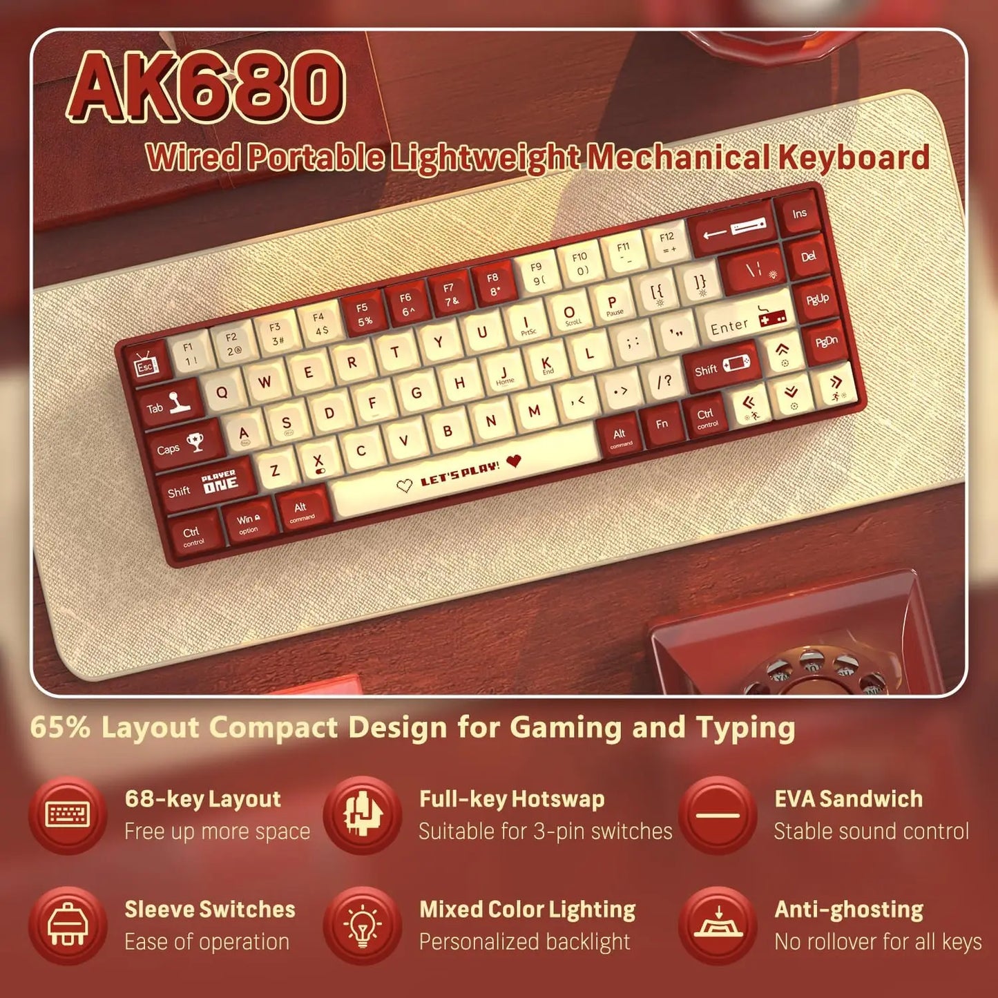 AK680 65% Wired Mechanical Gaming Keyboard, Hot-Swappable, RGB Rainbow Backlit