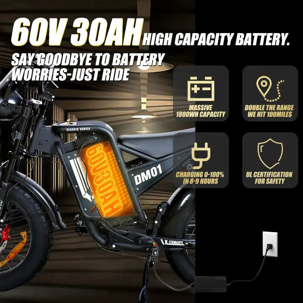 DM01 2000W Moto Electric Bicycle 60V30AH Battery Color Display 42 MPH E Bike UL2849