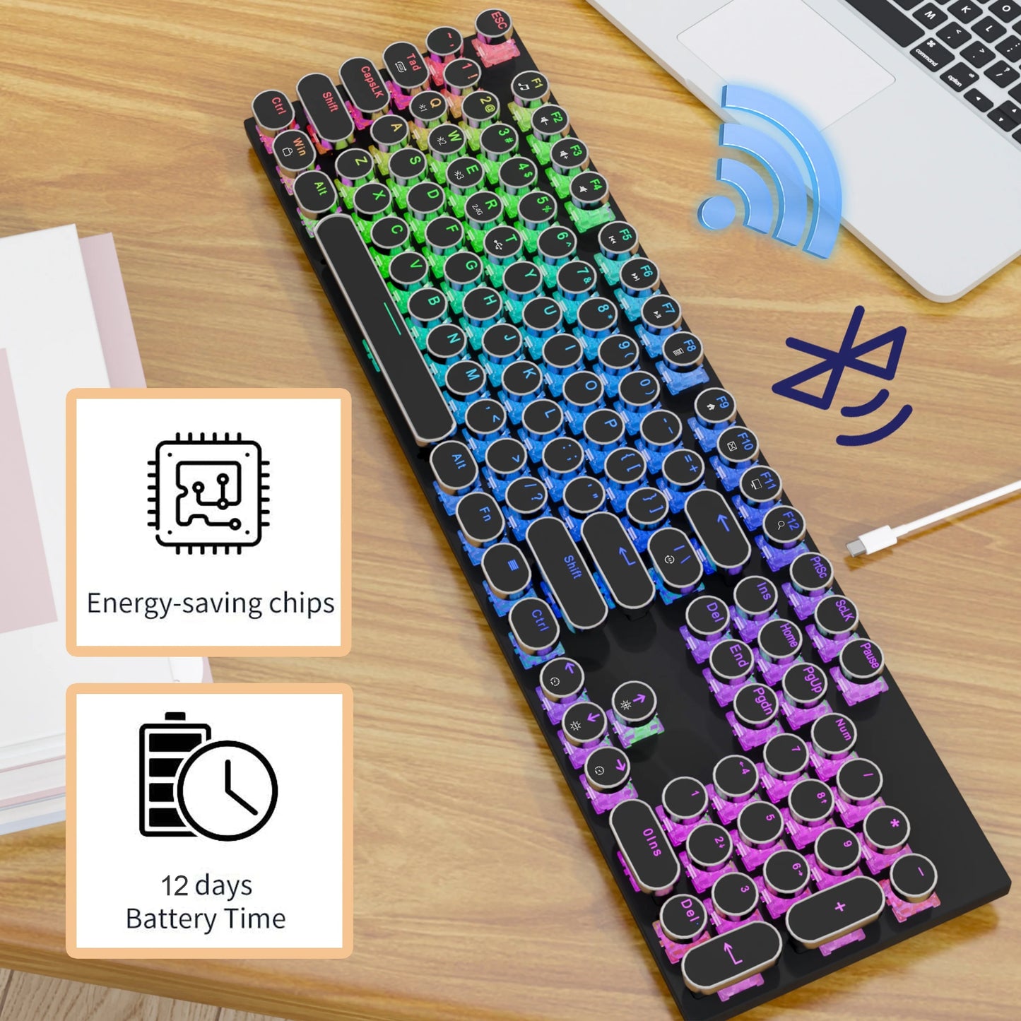 RGB Wireless Punk Typewriter Mechanical Keyboard Round Keycaps And RGB 104-Key Game Office Triple Mode Wireless 5.0/2.4G/Wired