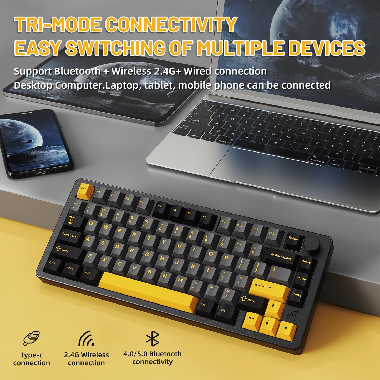 X86 75% Aluminum CNC Wireless Mechanical Gaming Keyboard with Volume Knob,82 Key Gasket Hot Swappable RGB Custom Keyboard Keycaps, BT/2.4GHz/USB-C for Mac/Win-Starshine Black
