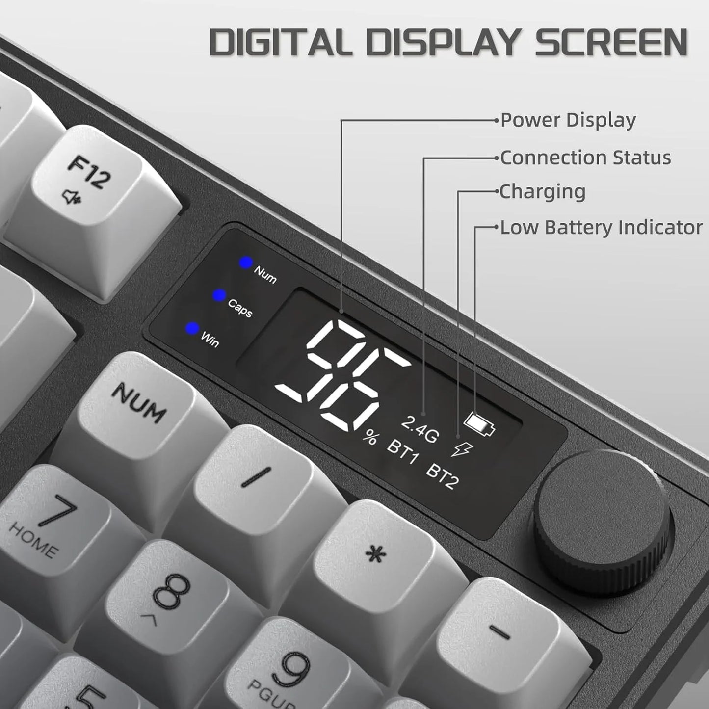M96 Wireless Gaming Keyboard Creamy Membrane with Rainbow Backlight, Media Knob, LCD Screen, Dual Mode-Bluetooth/2.4Ghz, Ball Shape