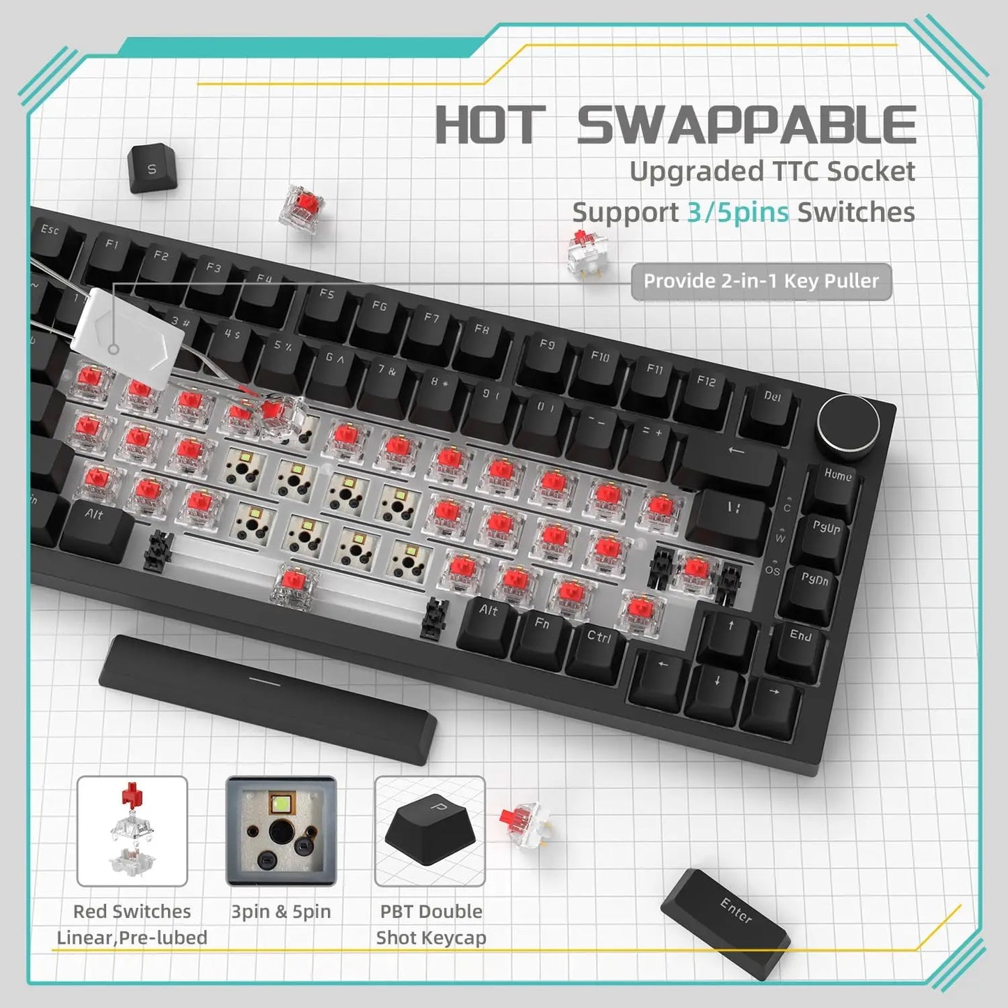 AK820 Wired Mechanical Gaming Keyboard 75% Layout 82 Key Hot-Swappable Design Metal Volume Knob Ideal Esports Office Use