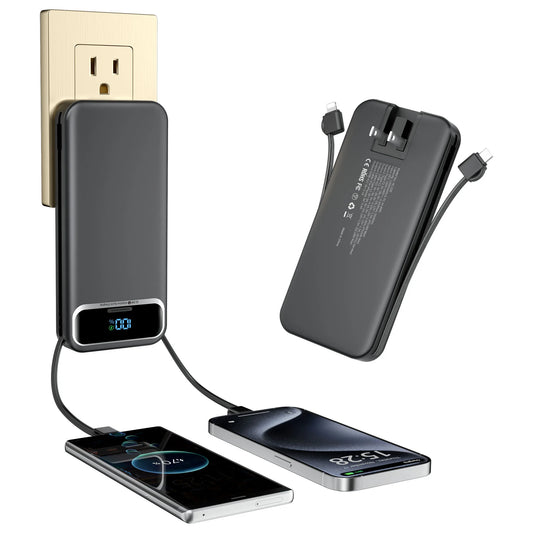 Portable-Charger Power-Bank with Built-in Cables & AC WallPlug -12000mAh PD 20W Fast Charging for iPhone,Android