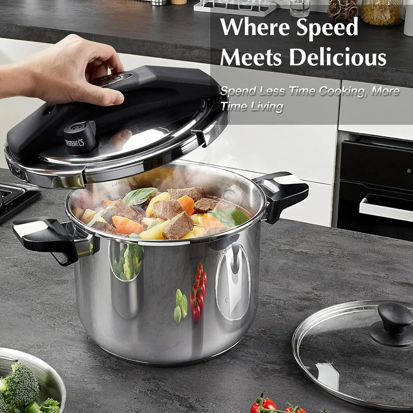 Stainless Steel Pressure Cooker 10.5 Quart, 3-in-1 Olla de Presion, One-Hand Locking, 3 PSI Settings Stovetop Pressure Pot, Induction