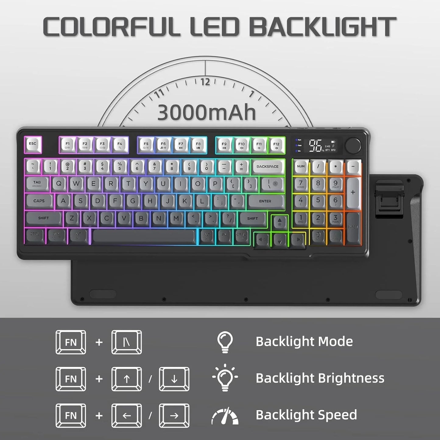 M96 Wireless Gaming Keyboard Creamy Membrane with Rainbow Backlight, Media Knob, LCD Screen, Dual Mode-Bluetooth/2.4Ghz, Ball Shape