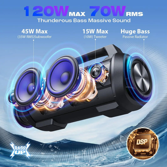 70W RMS Bluetooth Portable Speaker, Speaker Wireless Loud IPX6 Waterproof Bluetooth Speakers with Subwoofer/Bass Boost