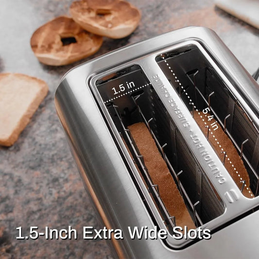 2 Slice Stainless Steel Toaster Extra Wide Slots 7 Shade Settings Bagel Defrost Reheat Functions Removable Crumb Tray 900W