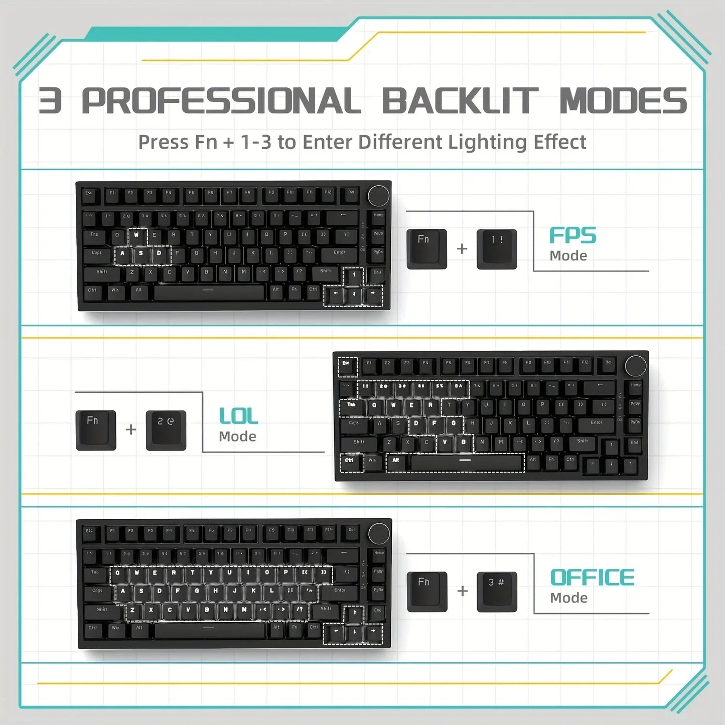 AK820 Wired Mechanical Gaming Keyboard 75% Layout 82 Key Hot-Swappable Design Metal Volume Knob Ideal Esports Office Use