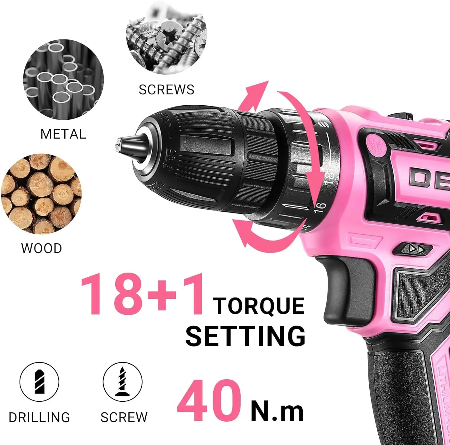 Power Drill Cordless: Pink Cordless Drill 20V Electric Power Drill Set Tool for Women