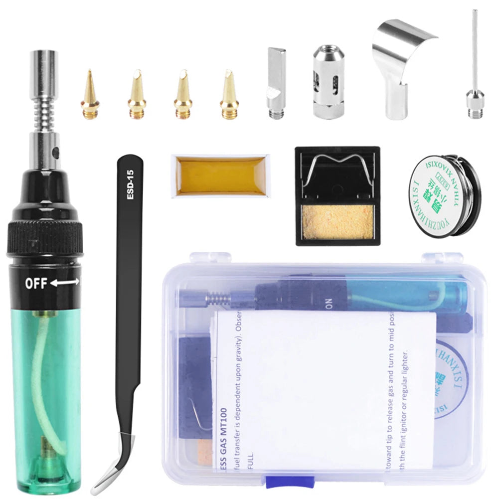 14 In1 Portable Soldering Iron Kit 1300Celsius Butane Welding Pen Burner Blow Torch Gas Welding Soldering Iron Butane Tip Tool