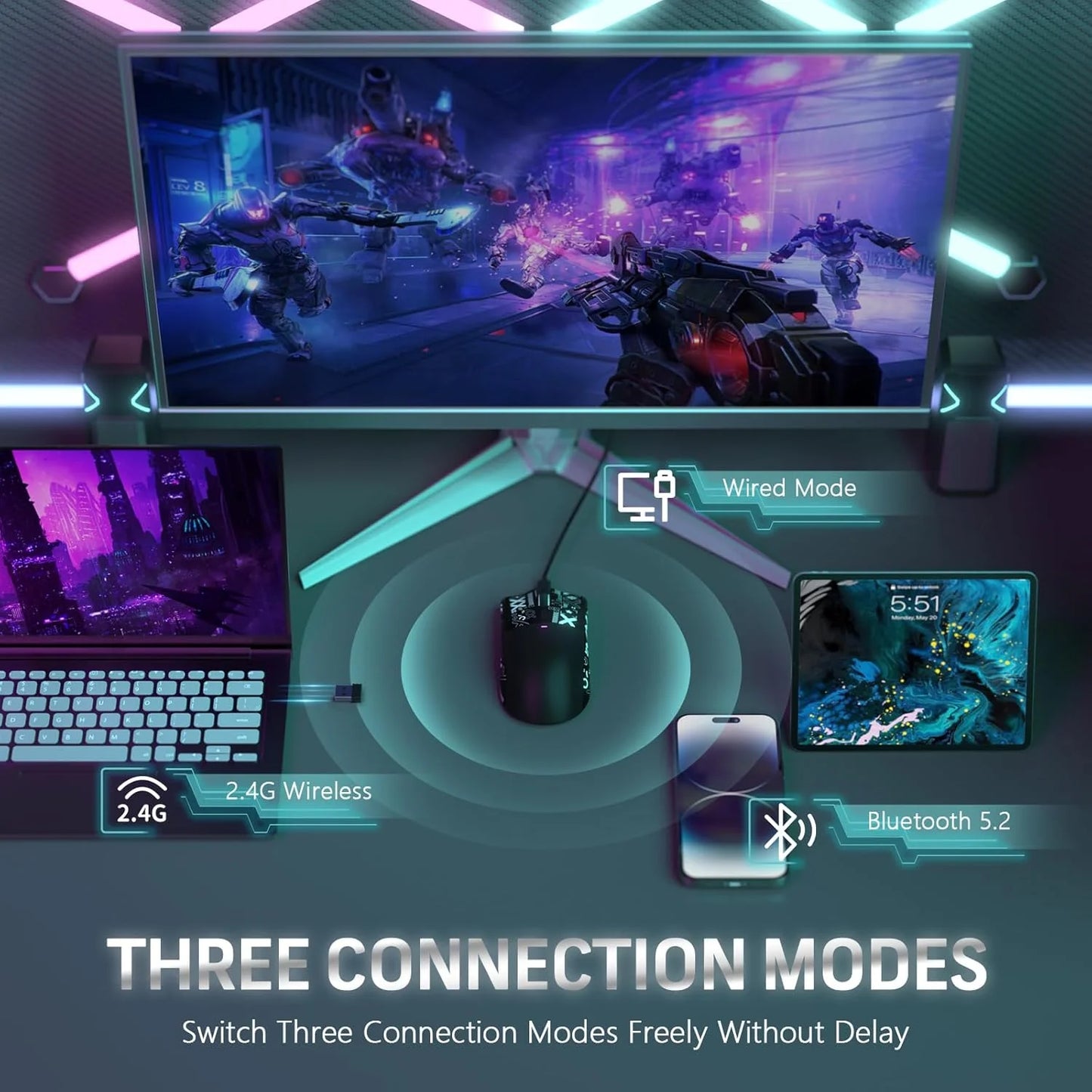 X11 Wireless Gaming Mouse with RGB Magnetic Charging Dock, Wired/2.4G/BT, 22K DPI, Ultralight 59g Tri-Mode with Tape