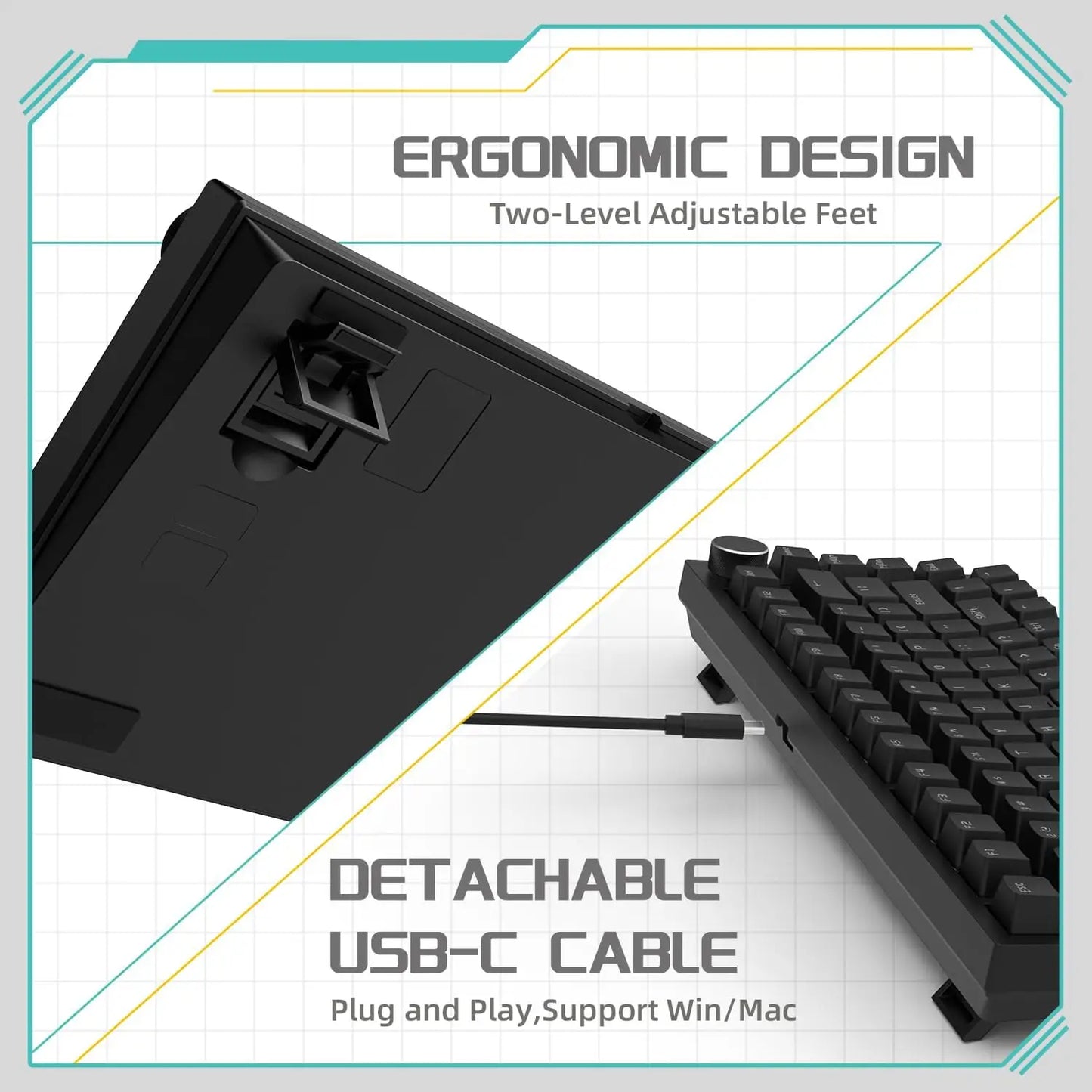 AK820 Wired Mechanical Gaming Keyboard 75% Layout 82 Key Hot-Swappable Design Metal Volume Knob Ideal Esports Office Use