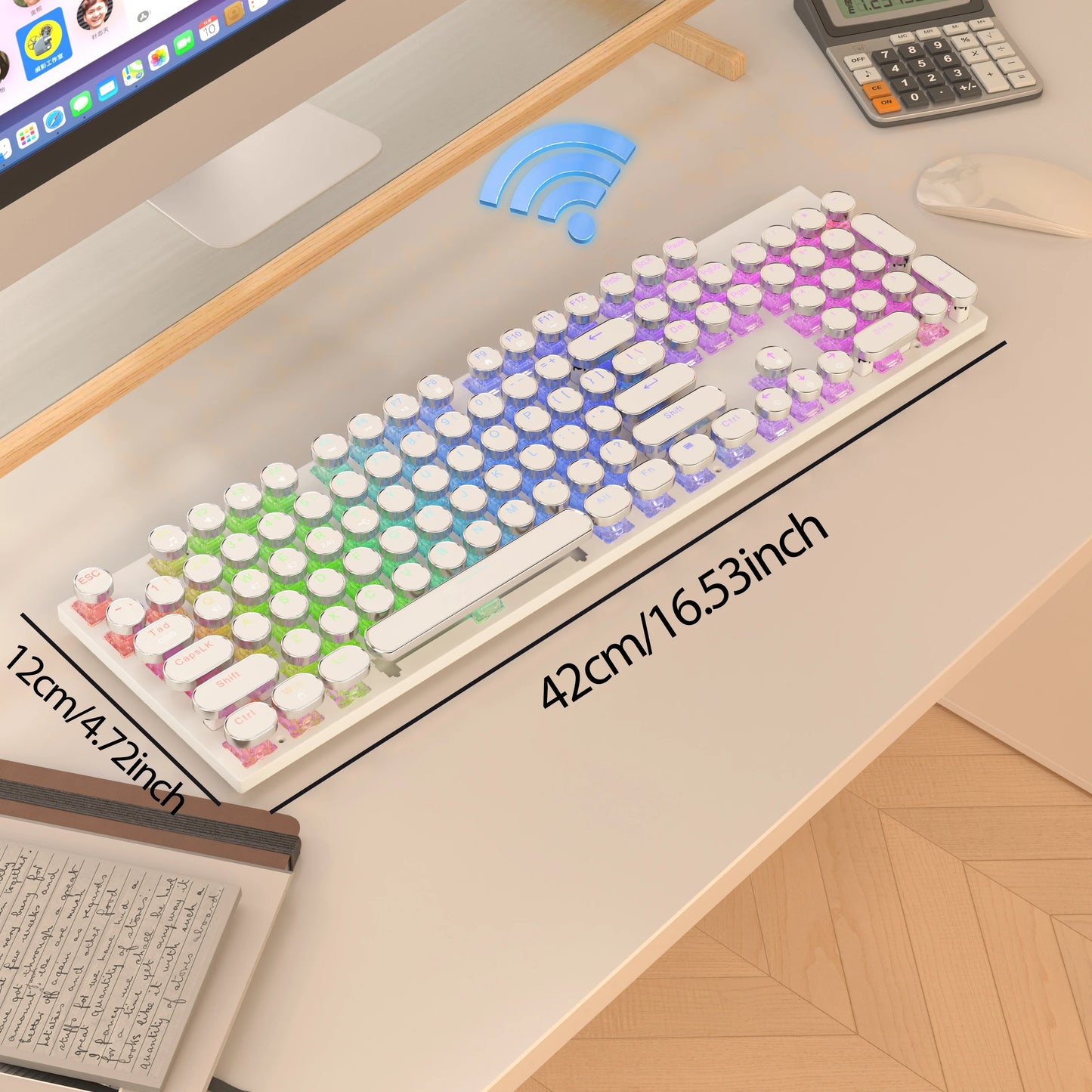 RGB Wireless Punk Typewriter Mechanical Keyboard Round Keycaps And RGB 104-Key Game Office Triple Mode Wireless 5.0/2.4G/Wired
