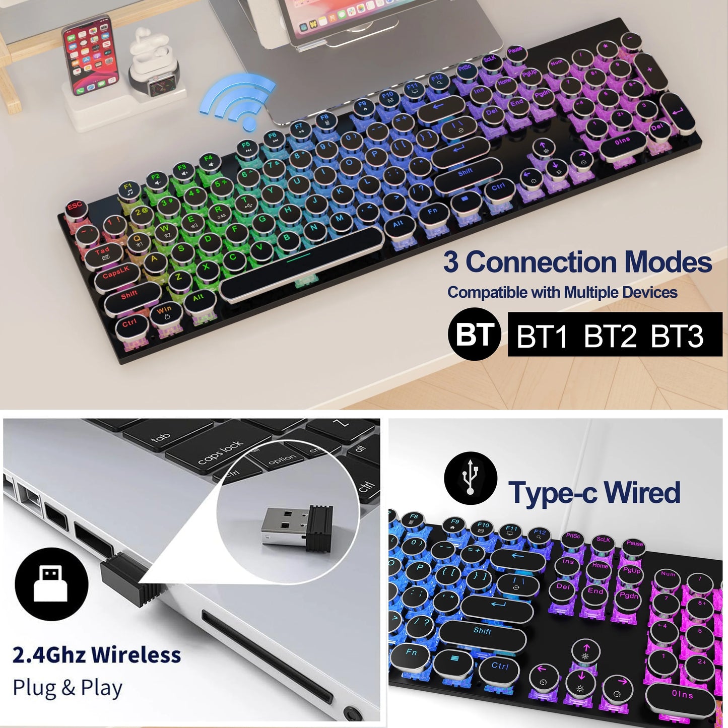 RGB Wireless Punk Typewriter Mechanical Keyboard Round Keycaps And RGB 104-Key Game Office Triple Mode Wireless 5.0/2.4G/Wired
