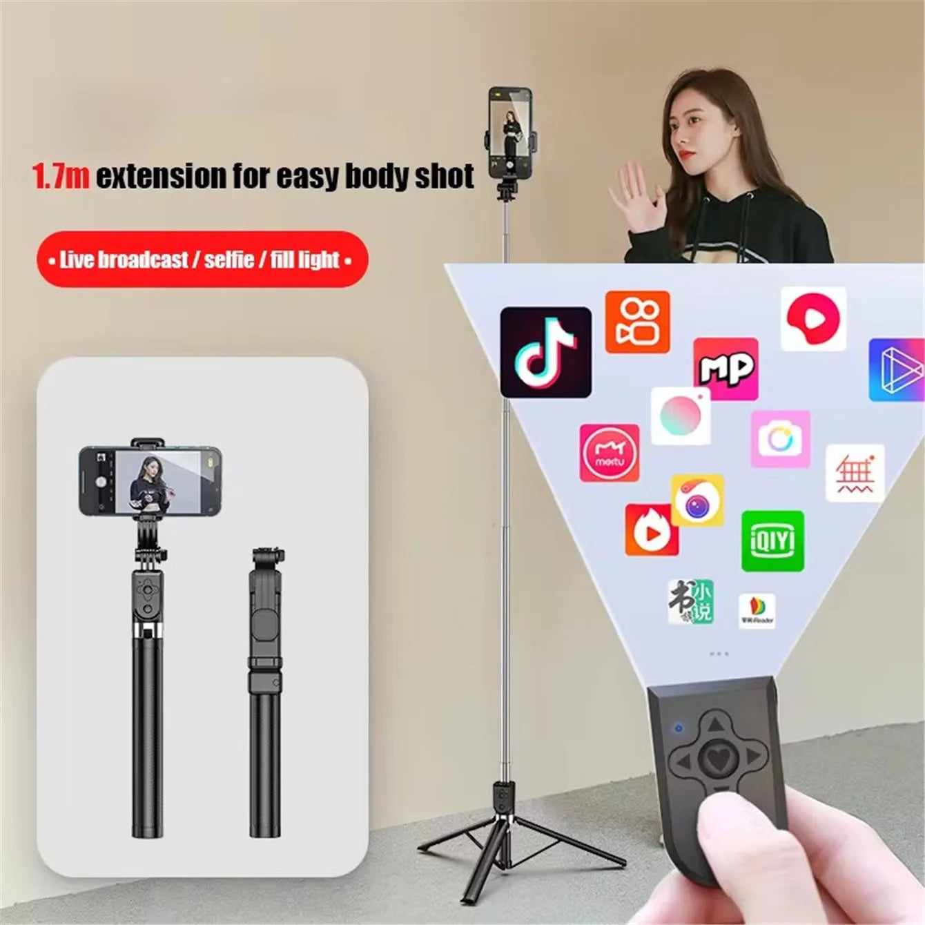 1.67M Long Extended Bluetooth Wireless Selfie Stick Live Broacast Stand Holder Tripod Foldable With Fill Light For Smartphones