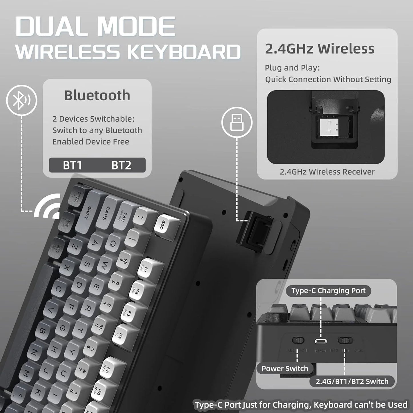 M96 Wireless Gaming Keyboard Creamy Membrane with Rainbow Backlight, Media Knob, LCD Screen, Dual Mode-Bluetooth/2.4Ghz, Ball Shape