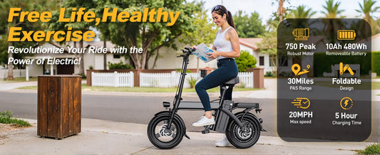 Foldable Electric Bike for Adults,14" Commuter E-Bike,750W Peak,Electric Bicycle,48V10Ah Battery,30Miles Range