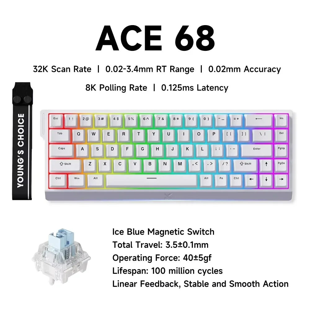 ACE 68 Wired Magnetic Switch Gaming Keyboard Hall Effect Rapid Trigger Programmable RGB 8K Hz DKS/MT/TGL/RS/SOCD Keyboard
