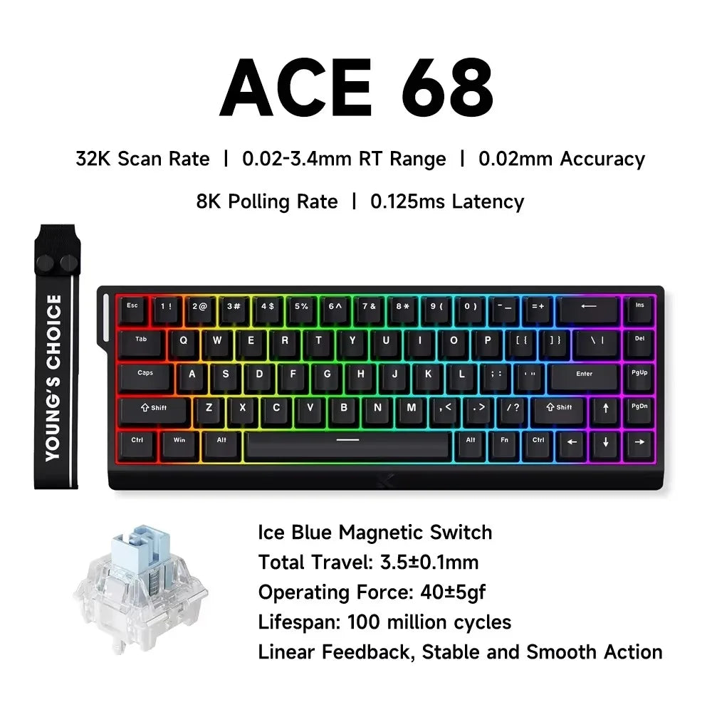 ACE 68 Wired Magnetic Switch Gaming Keyboard Hall Effect Rapid Trigger Programmable RGB 8K Hz DKS/MT/TGL/RS/SOCD Keyboard