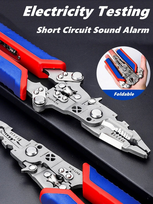 Multifunctional Wire Stripper with Electrical Test Pen Foldable Cable Cutter Crimper Tool, Electrical Folding Pliers for Cutting
