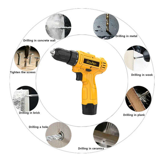 12V Cordless Impact Drill Driver Set Electric Screwdriver Tool Kit With 25+1 Torque Setting  Variable Speeds