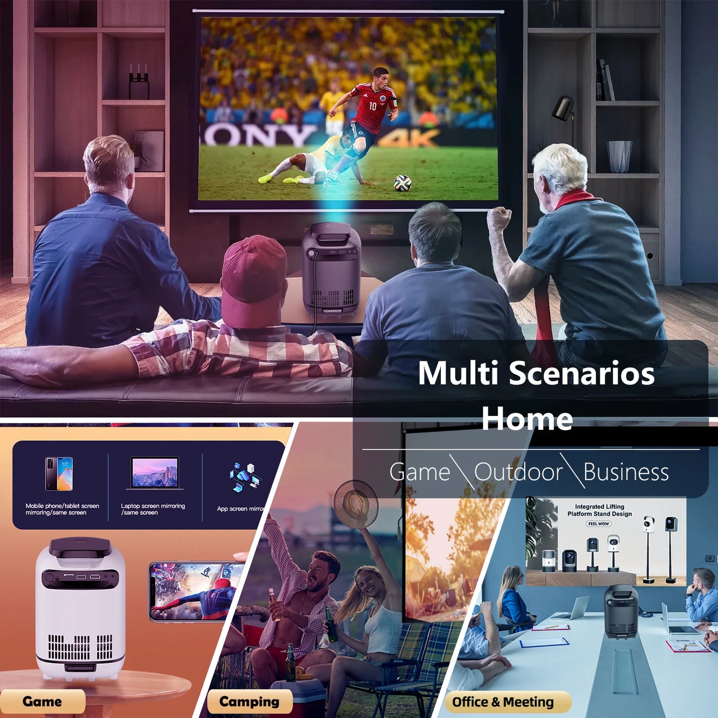 Projector  Android Native 1080p Support 4K Wall Mount Design  with 180°Adjustable Stand Portable  WiFi Bluetooth, Model:TZ1