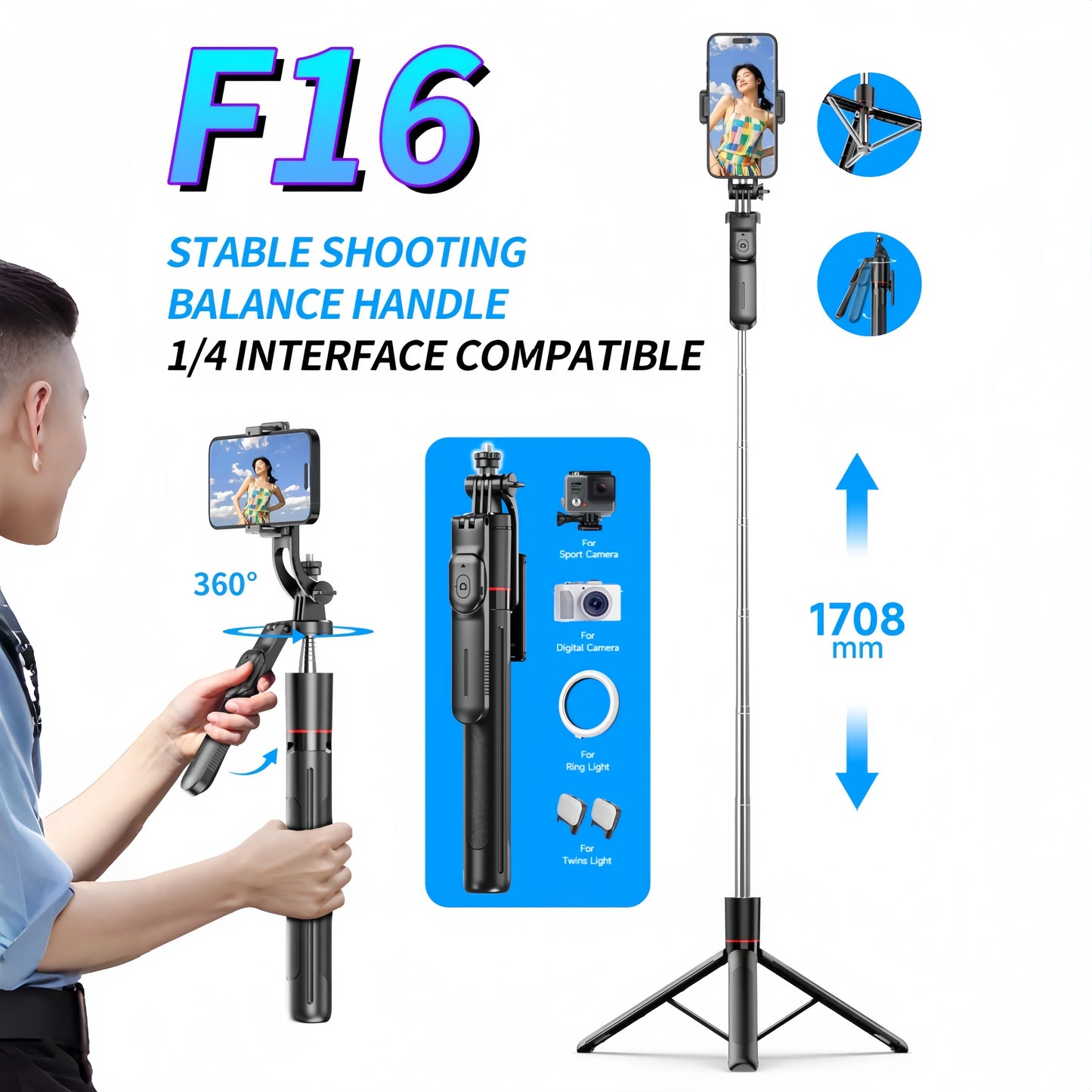 F16 Selfie Stick with Adjustable Tripod – 1.7m Telescopic, 360° Shooting, Bluetooth & Detachable Phone Holder for Android/iOS