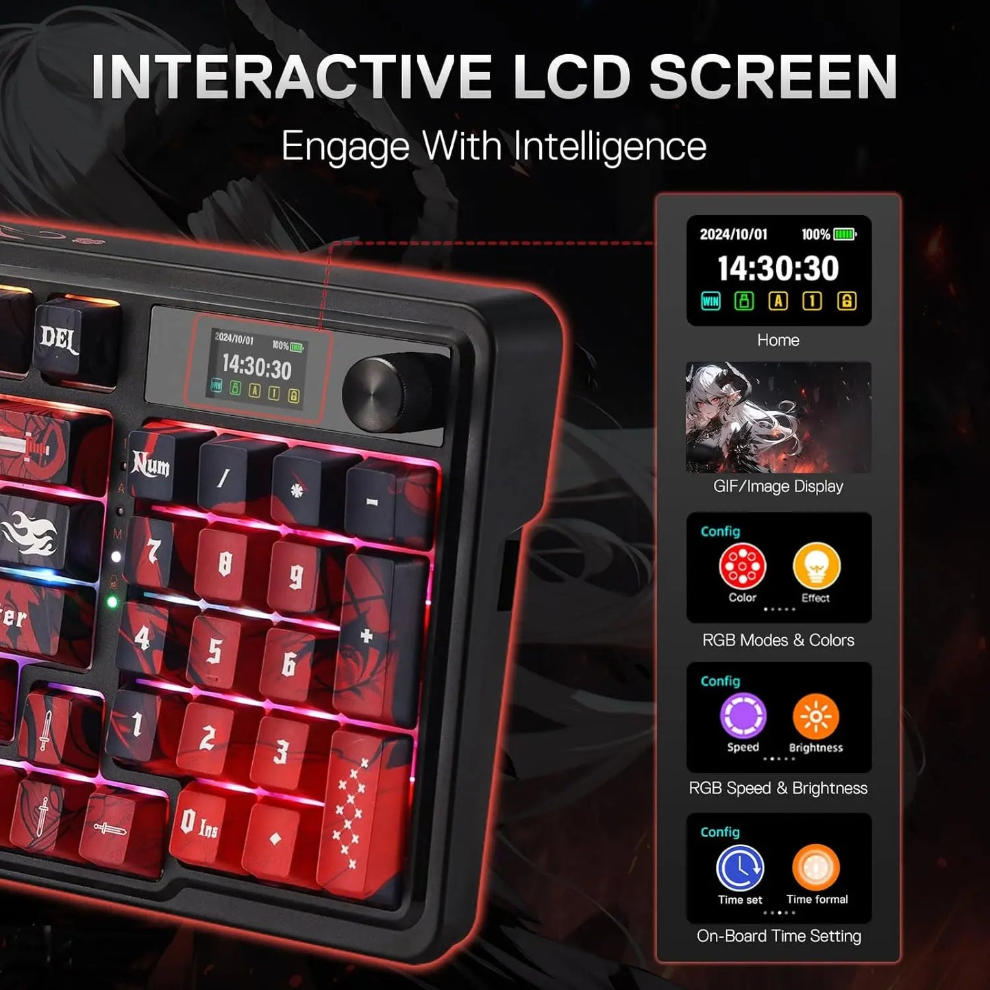 K719 PRO Wireless Gasket Gaming Hype Screen & Knob, 95 Keys Mechanical Keyboard, Easy-Control 1.14’’ TFT Info Display