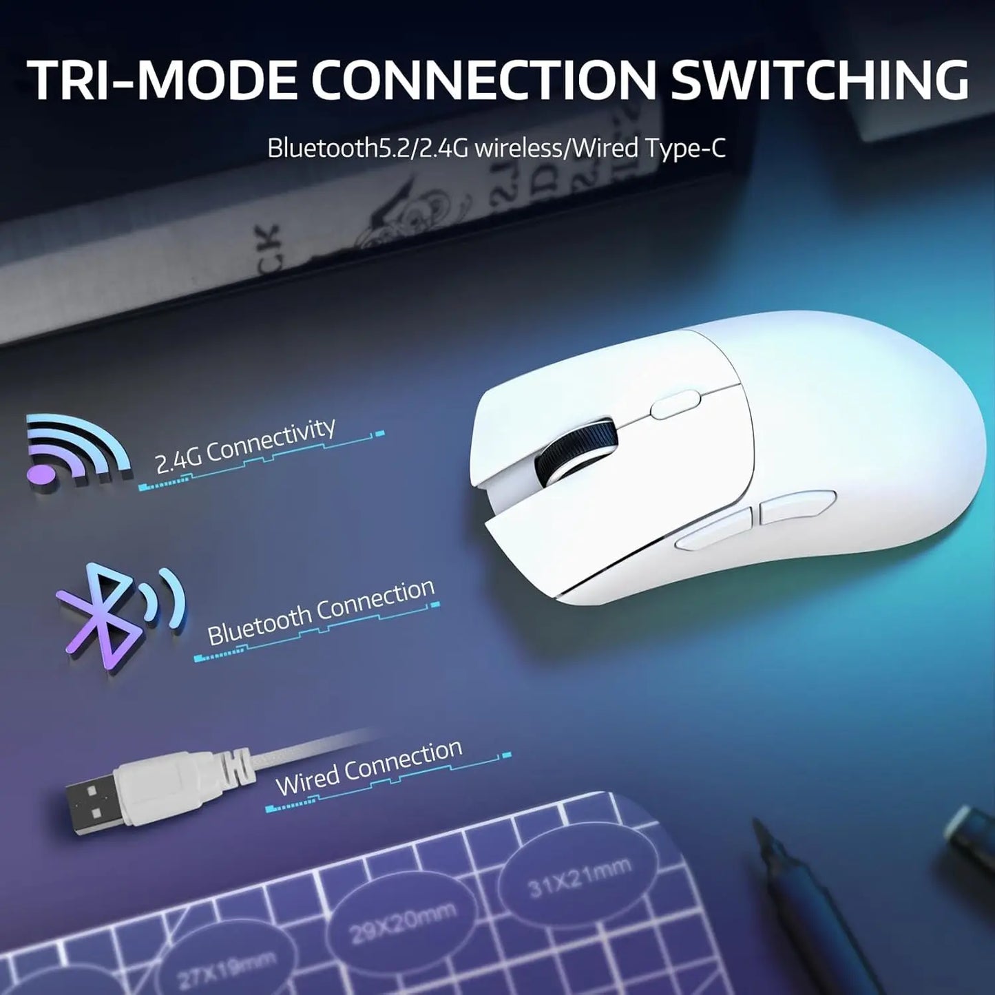 R1 Wireless Gaming Mouse,Tri-Mode Connection (2.4G/Wired/BT5.2),55g Lightweight Design,18K DPI Optical Sensor,HUYU 20 Million
