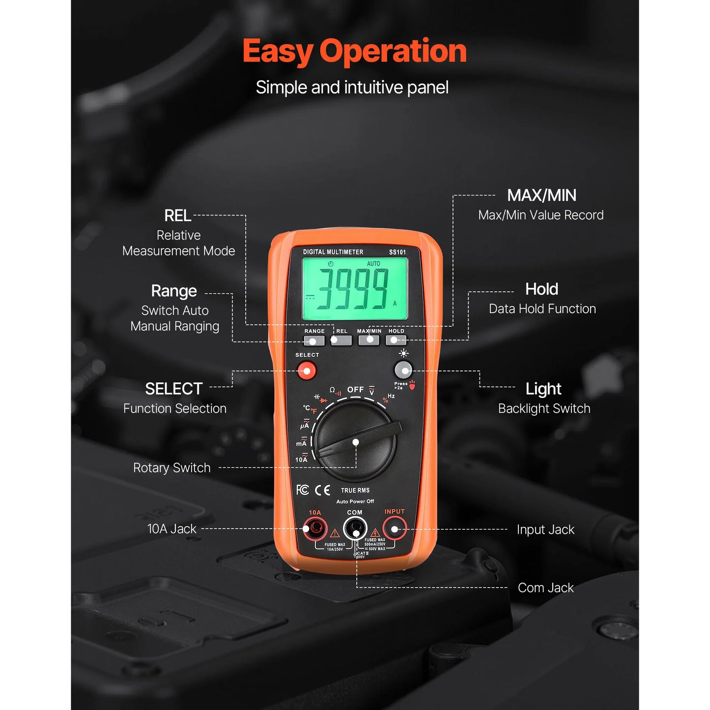 Digital Multimeter TRMS DC/AC Voltmeter Current Tester Auto-Ranging Multimeter for Current Voltage Resistance Measurement