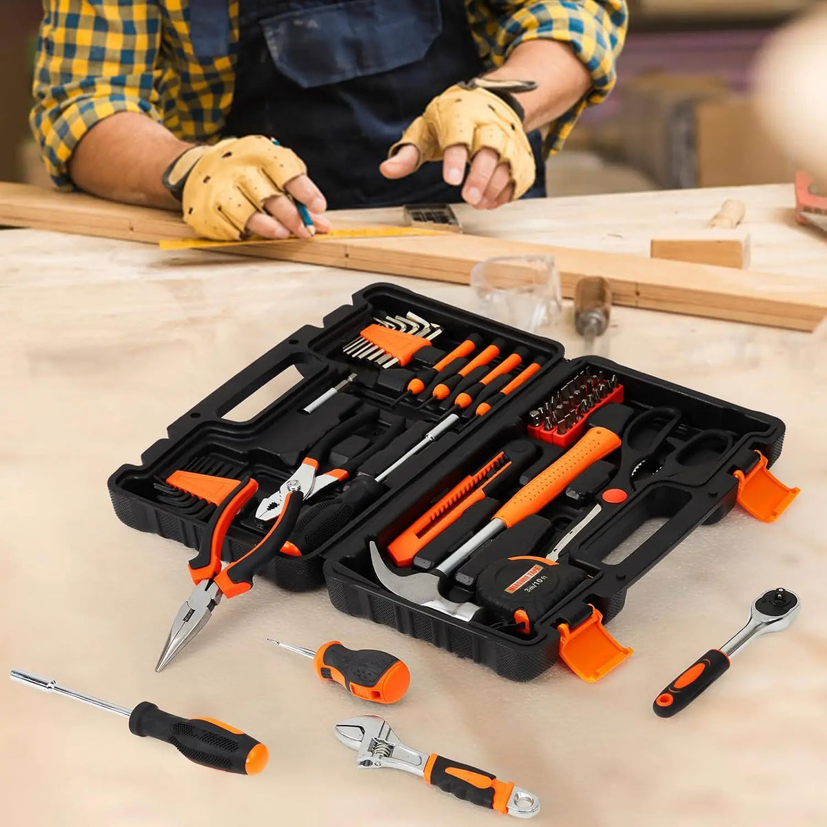 57-Piece Home Tool Set with Case, Essential Household Hand Tools Kit for Repair & DIY - Includes Hammer, Pliers, Screwdrivers, Tape Measure, Wrenches, Storage Toolbox
