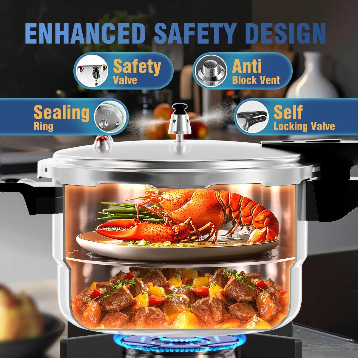 6-16 Qt Aluminum Pressure Cooker with Release Valve & Protective Devices, Compatible with Gas & Induction, Rack Included