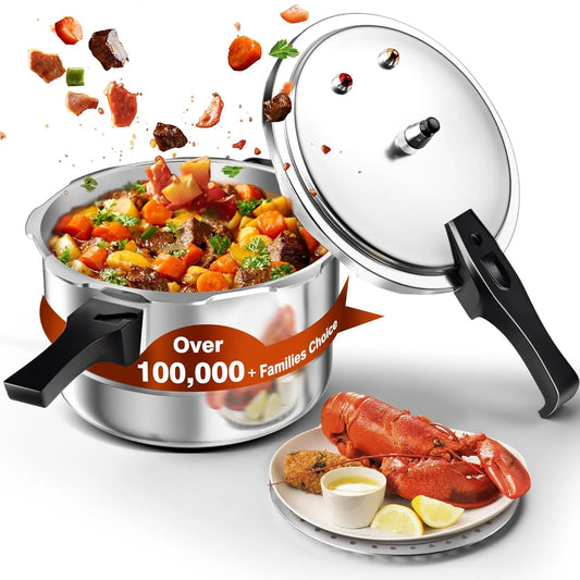 6-16 Qt Aluminum Pressure Cooker with Release Valve & Protective Devices, Compatible with Gas & Induction, Rack Included