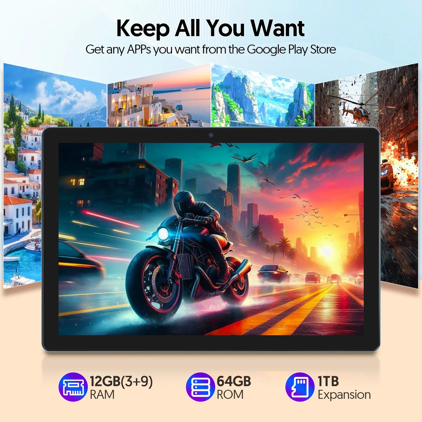 Android 14 tablet, 10.1 inches, quad-core processor, 6GB RAM + 64GB ROM, 600GB expansion memory, 6000mAh