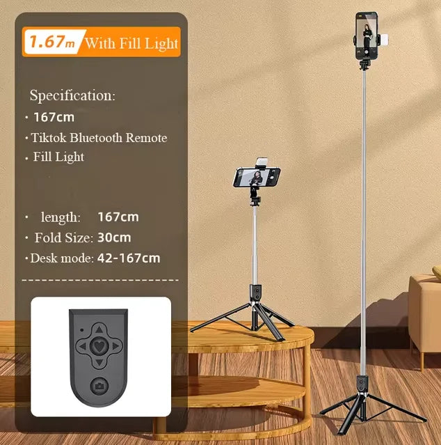 1.67M Long Extended Bluetooth Wireless Selfie Stick Live Broacast Stand Holder Tripod Foldable With Fill Light For Smartphones