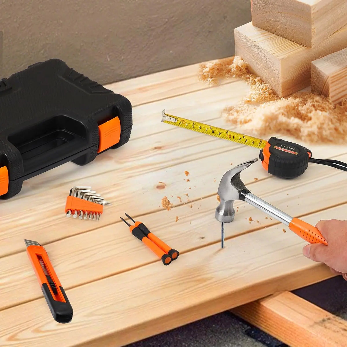 57-Piece Home Tool Set with Case, Essential Household Hand Tools Kit for Repair & DIY - Includes Hammer, Pliers, Screwdrivers, Tape Measure, Wrenches, Storage Toolbox