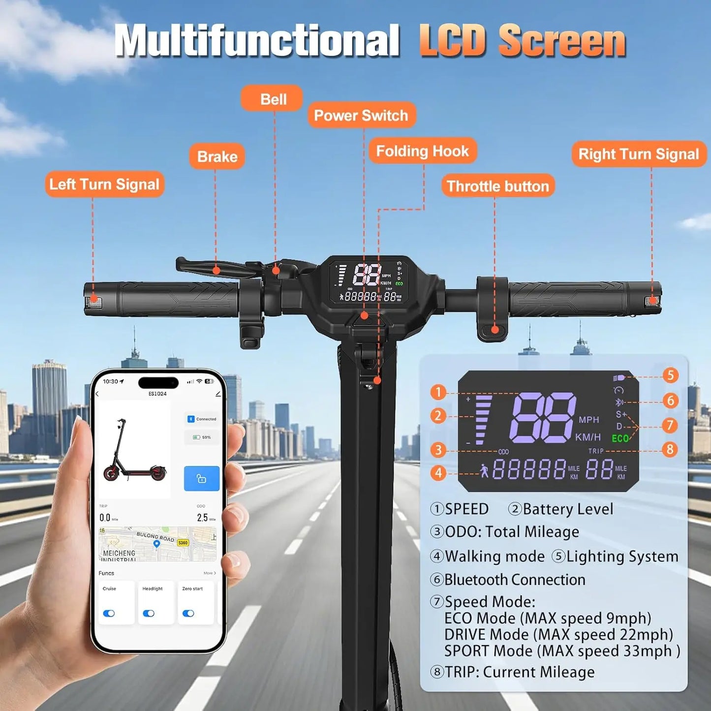 2026 Adults Electric Scooter 1200W Motor Top Speed 30MPH 48V 15AH Battery 10 Inch Off-Road Tires Sport Commuter Folding E-Scooter