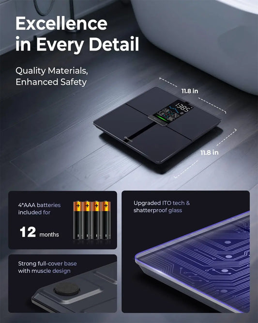 Smart Body Composition Scale with Large Display, Syncs to Fitness Apps, Measures Weight, BMI, Fat, Muscle, 450lb Capacity